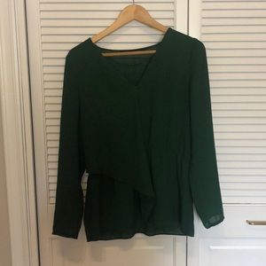 Sheer V neck long sleeve blouse w ruffle detail